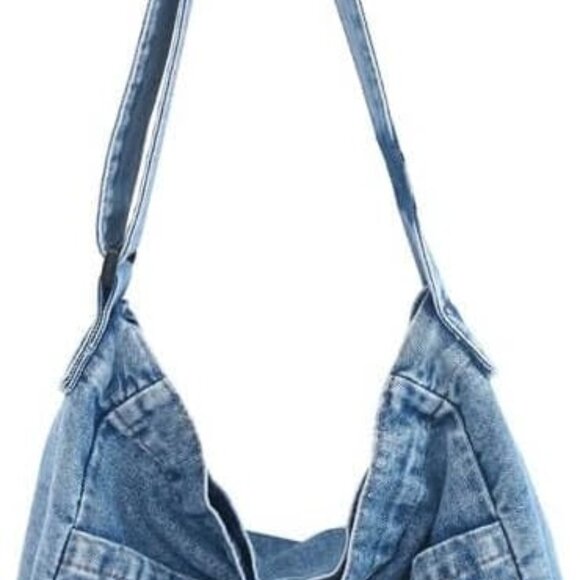 Denim Messenger Shoulder Bag, Blue Jean Hobo Tote Bag,Retro Denim Large Crossbod - Picture 1 of 6